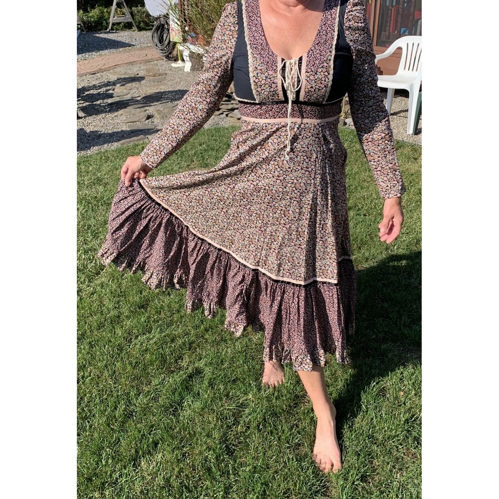Gunne Sax 70s‎ Vintage Black Dress Rare Calico Floral Print Midi Lace Corset 7